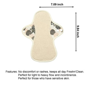 Top layer of Luckypads organic cotton reusable menstrual pads, Day Pads with dimensions labeled