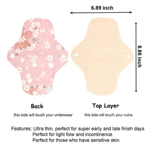 Top layer and waterproof PUL layer of Luckypads organic cotton reusable menstrual pads, Panty Liners Plus with dimensions labeled