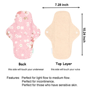 Top layer and waterproof PUL layer of Luckypads organic cotton reusable menstrual pads, Day Pads with dimensions labeled