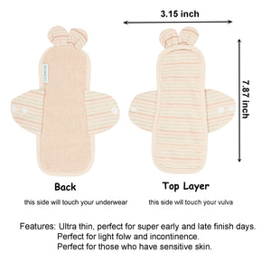 Top layer and waterproof PUL layer of Luckypads organic cotton reusable menstrual pads, Day Pads with dimensions labeled