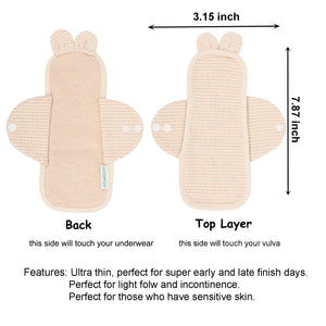 Top layer and waterproof PUL layer of Luckypads organic cotton reusable menstrual pads, Day Pads with dimensions labeled