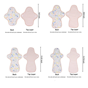 Top layer and waterproof PUL layer of Luckypads organic cotton reusable menstrual pads, with dimensions labeled