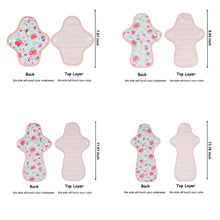 Load image into Gallery viewer, Top layer and waterproof PUL layer of Luckypads organic cotton reusable menstrual pads, with dimensions labeled

