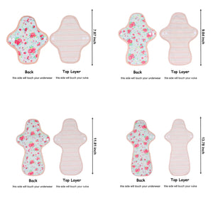 Top layer and waterproof PUL layer of Luckypads organic cotton reusable menstrual pads, with dimensions labeled