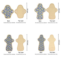 Load image into Gallery viewer, Top layer and waterproof PUL layer of Luckypads organic cotton reusable menstrual pads, with dimensions labeled
