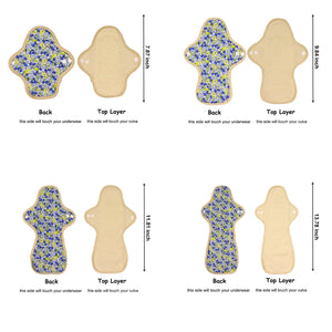 Top layer and waterproof PUL layer of Luckypads organic cotton reusable menstrual pads, with dimensions labeled