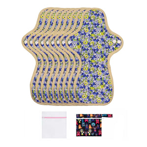 9-piece LUCKYPADS Organic Cotton Reusable Overnight Period Pads in Blue Floral – 11.81 Inch