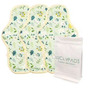 3-piece LUCKYPADS Organic Cotton Reusable Overnight Period Pads in Green Floral – 12.01 Inch
