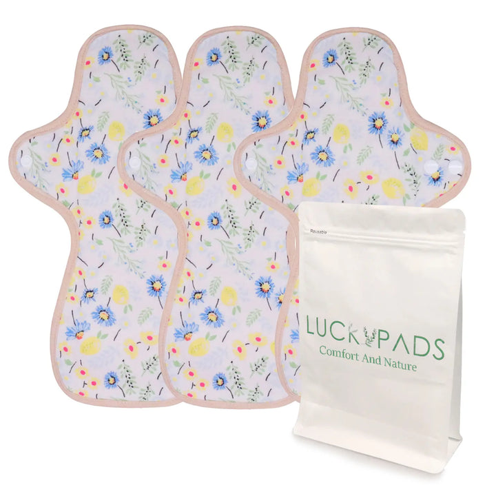 3-piece LUCKYPADS Organic Cotton Reusable Overnight Period Pads in Yellow Floral – 11.81 Inch
