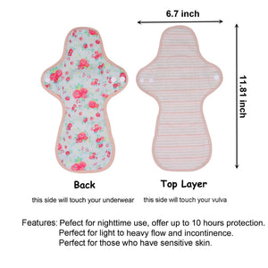 Top layer and waterproof PUL layer of Luckypads organic cotton reusable pads, Night Pads with dimensions labeled