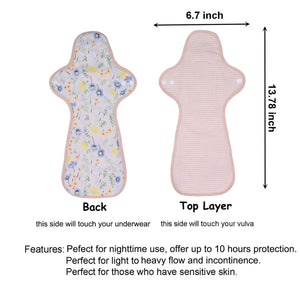 Top layer and waterproof PUL layer of Luckypads organic cotton reusable pads, Night Pads Plus with dimensions labeled
