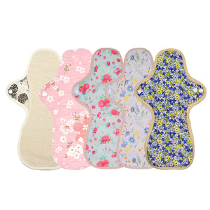 5-piece Luckypads organic cotton reusable pads, Night Pads with assorted patterns