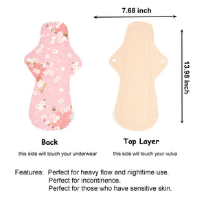Top layer and waterproof PUL layer of Luckypads organic cotton reusable pads, Night Pads Plus with dimensions labeled