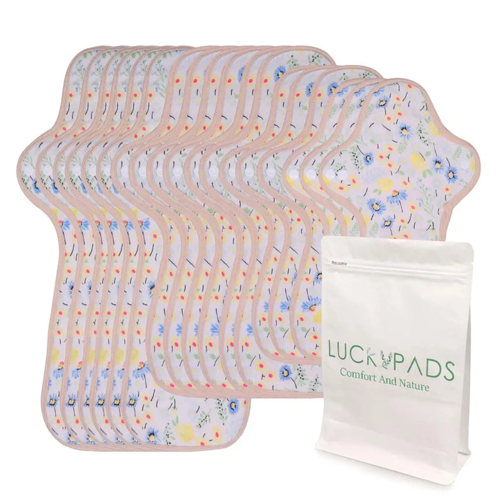 LUCKYPADS Organic Cotton Reusable Period Pads Heavy Flow Set in Yellow Floral