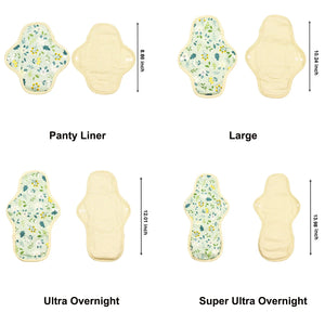LUCKYPADS Organic Cotton Reusable Period Pads Size Guide in Green Floral