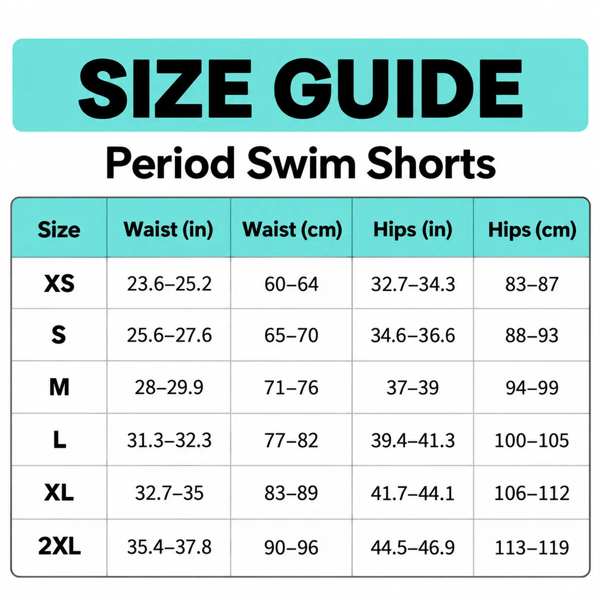 Size chart for High Waist Period Boxer | ≈3 Regular Tampons | OEKO-TEX Certified | Free Wet Bag & Laundry Bag