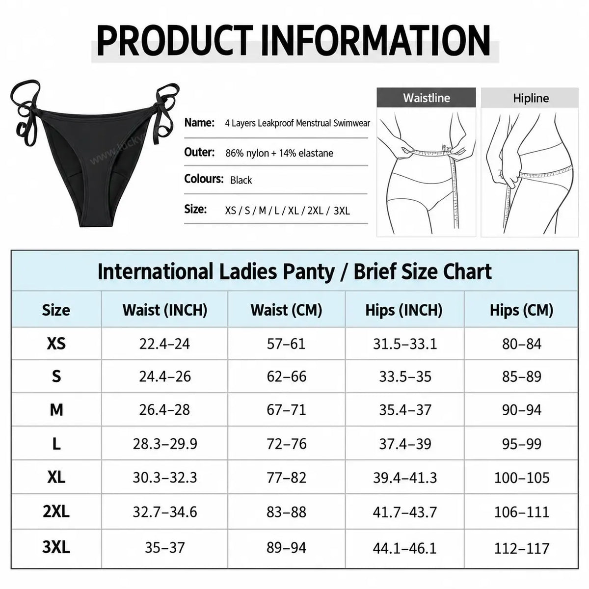 Size chart for Period Swimsuit | ≈3 Regular Tampons | OEKO-TEX Certified | Free Wet Bag & Laundry Bag