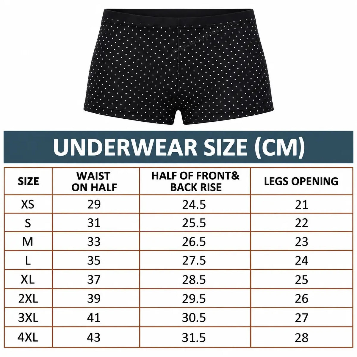 Size chart for Mid Rise Period Boxer | ≈8 Regular Tampons | OEKO-TEX Certified | Free Wet Bag & Laundry Bag