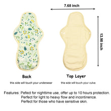 Load image into Gallery viewer, LUCKYPADS Organic Cotton Reusable Extra Overnight Period Pads Size Guide in Green Floral – 13.98 Inch
