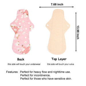 LUCKYPADS Organic Cotton Reusable Extra Overnight Period Pads Size Guide in Pink Floral – 13.98 Inch