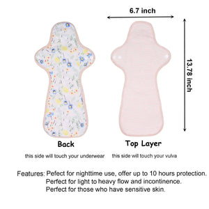 LUCKYPADS Organic Cotton Reusable Extra Overnight Period Pads Size Guide in Yellow Floral – 13.78 Inch