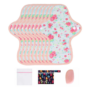 9-piece 9.8" Organic Cotton Reusable Menstrual Pads(FREE Laundry Bag+Wet Bag+Stain-Removal Soap)
