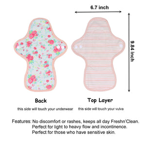 Top layer and waterproof PUL layer of Luckypads reusable menstrual pads, Day Pads with dimensions labeled