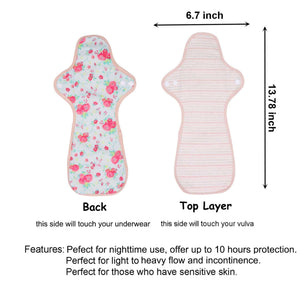 Top layer and waterproof PUL layer of Luckypads reusable menstrual pads, Night Pads Plus with dimensions labeled
