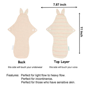 Top layer and waterproof PUL layer of Luckypads reusable menstrual pads, Day Pads Plus with dimensions labeled