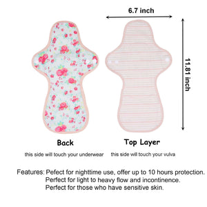 Top layer and waterproof PUL layer of Luckypads reusable menstrual pads for heavy flow, Night Pads with dimensions labeled