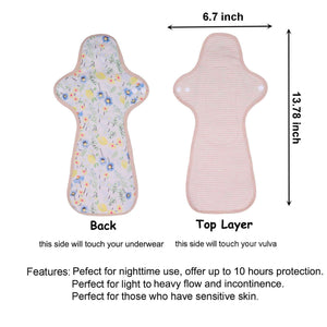 Top layer and waterproof PUL layer of Luckypads reusable menstrual pads for heavy flow, Night Pads Plus with dimensions labeled