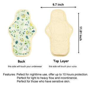 Top layer and waterproof PUL layer of Luckypads reusable menstrual pads for heavy flow, Night Pads with dimensions labeled