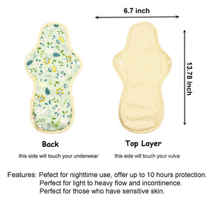 Top layer and waterproof PUL layer of Luckypads reusable menstrual pads for heavy flow, Night Pads Plus with dimensions labeled