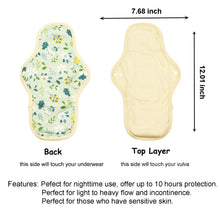 Load image into Gallery viewer, LUCKYPADS Organic Cotton Reusable Overnight Period Pads Size Guide in Green Floral – 12.01 Inch
