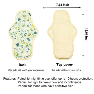 LUCKYPADS Organic Cotton Reusable Overnight Period Pads Size Guide in Green Floral – 12.01 Inch