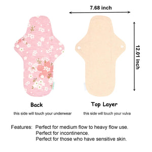 LUCKYPADS Organic Cotton Reusable Overnight Period Pads Size Guide in Pink Floral – 12.01 Inch