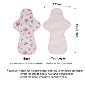 LUCKYPADS Organic Cotton Reusable Overnight Period Pads Size Guide in Red Floral – 11.81 Inch