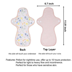 LUCKYPADS Organic Cotton Reusable Overnight Period Pads Size Guide in Yellow Floral – 11.81 Inch
