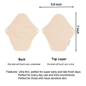 Top layer and waterproof PUL layer of Luckypads reusable panty liners, with dimensions labeled