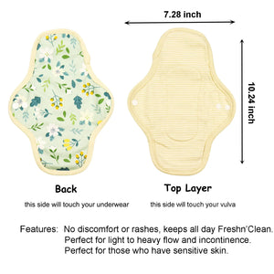 LUCKYPADS Organic Cotton Reusable Period Day Pads Size Guide in Green Floral