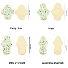 Load image into Gallery viewer, LUCKYPADS Organic Cotton Reusable Period Pads Starter Set Size Guide in Green Floral
