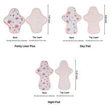 Load image into Gallery viewer, LUCKYPADS Organic Cotton Reusable Period Pads Starter Set Size Guide in Red Floral
