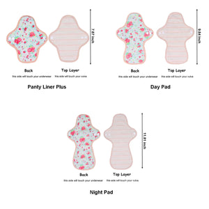 LUCKYPADS Organic Cotton Reusable Period Pads Starter Set Size Guide in Red Floral