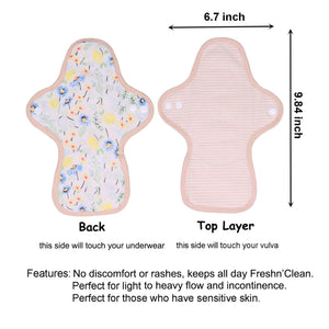 Top layer and waterproof PUL layer of Luckypads reusable sanitary pads, Day Pads with dimensions labeled
