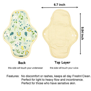Top layer and waterproof PUL layer of Luckypads reusable sanitary pads, Day Pads with dimensions labeled