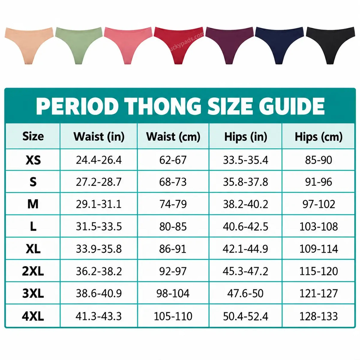 Size chart for Mid Rise Seamless Period Thongs | ≈1/2 Regular Tampons | OEKO-TEX Certified | Free Wet Bag & Laundry Bag