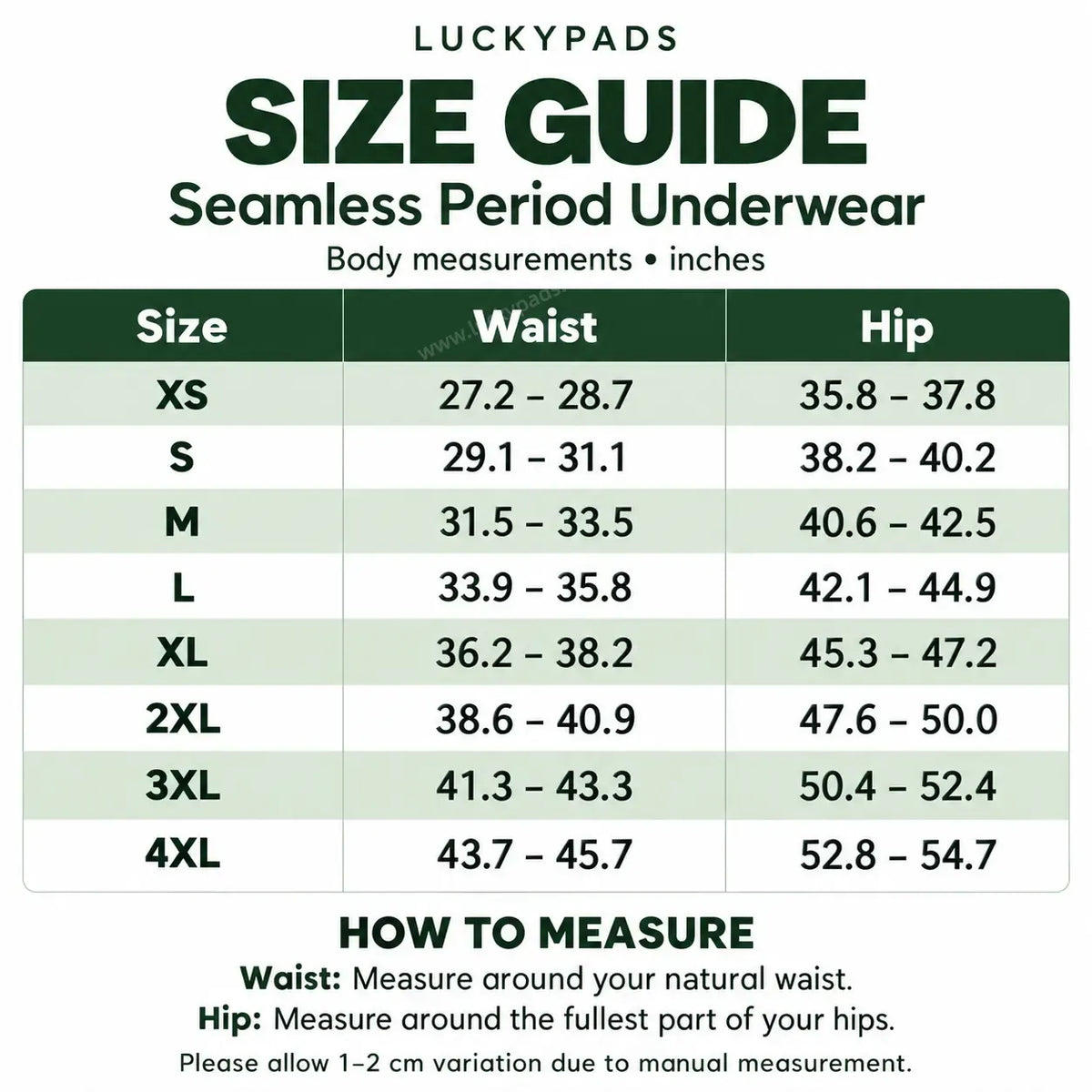 Size chart for High Waisted Seamless Period Brief | ≈5 Regular Tampons | OEKO-TEX Certified | Free Wet Bag & Laundry Bag