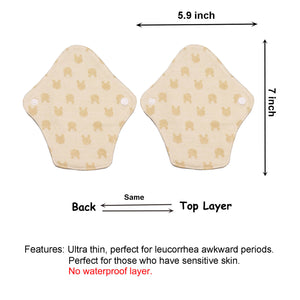 Top layer and waterproof PUL layer of Luckypads washable panty liners, with dimensions labeled