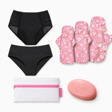 Load image into Gallery viewer, First Period Starter Kit for Teens | 2 Period Underwear, 3 Organic Cotton Reusable Pads &amp; FREE Accessories
