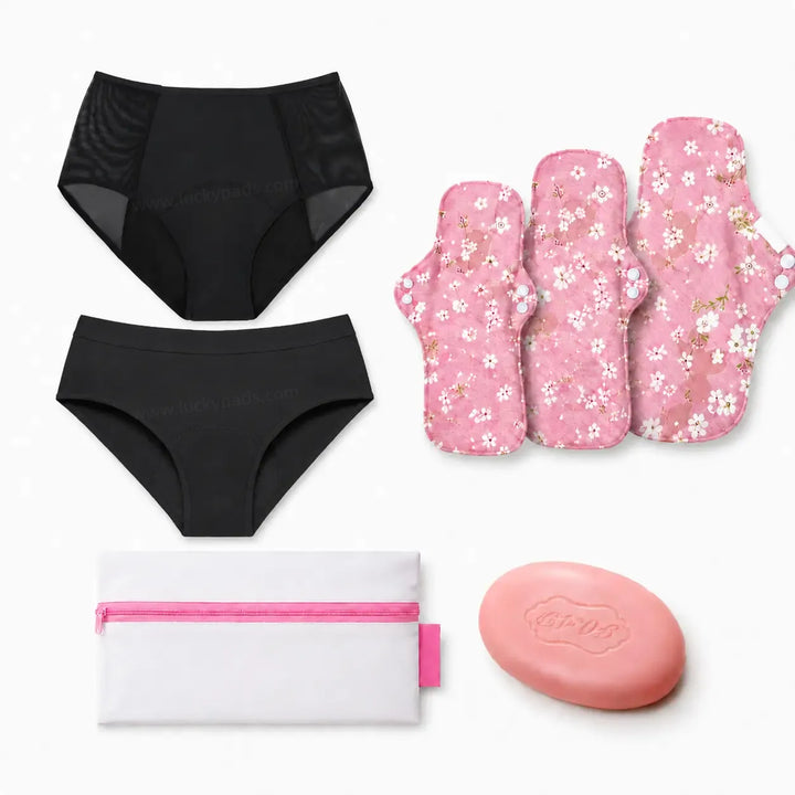 First Period Starter Kit for Teens | 2 Period Underwear, 3 Organic Cotton Reusable Pads & FREE Accessories